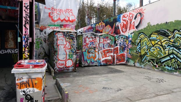 Stockholm, Snosatra, Sweden. May 12 2024. Spring beast. Graffiti exhibition on the outskirts of the city. Toilets.