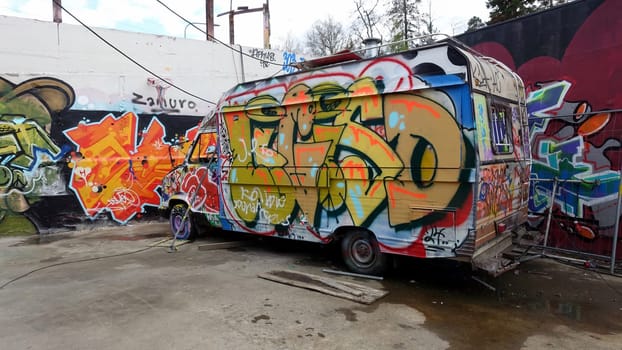 Stockholm, Snosatra, Sweden. May 12 2024. Spring beast. Graffiti exhibition on the outskirts of the city. Camper.