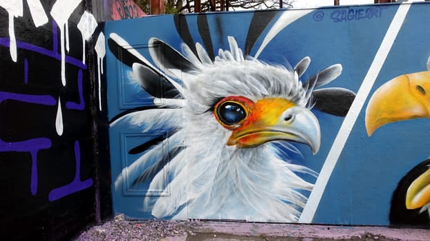 Stockholm, Snosatra, Sweden. May 12 2024. Spring beast. Graffiti exhibition on the outskirts of the city. Raptor.