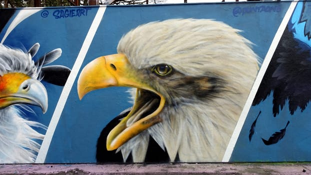 Stockholm, Snosatra, Sweden. May 12 2024. Spring beast. Graffiti exhibition on the outskirts of the city. Eagle.