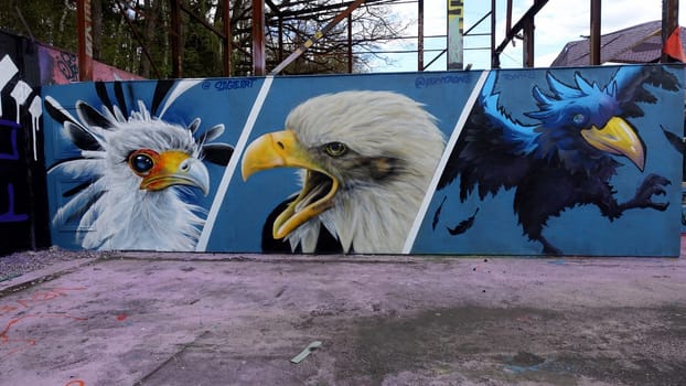 Stockholm, Snosatra, Sweden. May 12 2024. Spring beast. Graffiti exhibition on the outskirts of the city. Birds.