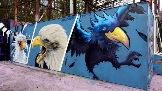 Stockholm, Snosatra, Sweden. May 12 2024. Spring beast. Graffiti exhibition on the outskirts of the city. Raptors.