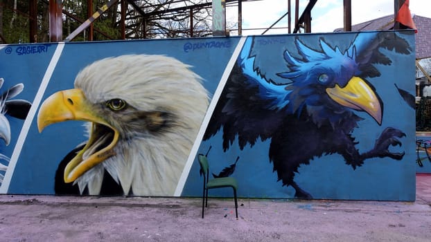 Stockholm, Snosatra, Sweden. May 12 2024. Spring beast. Graffiti exhibition on the outskirts of the city. Raptors.