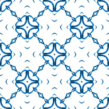 Ethnic hand painted pattern. Blue classic boho chic summer design. Textile ready stunning print, swimwear fabric, wallpaper, wrapping. Watercolor summer ethnic border pattern.