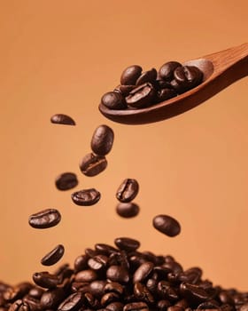 Coffee beans falling from wooden spoon onto pile of roasted coffee beans on brown background