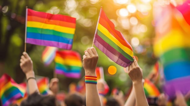 Diverse group of people enjoying gay pride day festival outdoors.