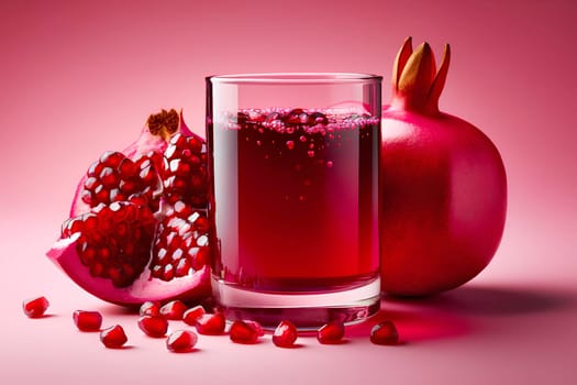 a glass of pomegranate juice and a fresh pomegranates on a pink background.