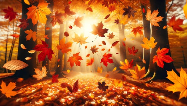 an autumn scene featuring falling leaves on a sunny day in the park.