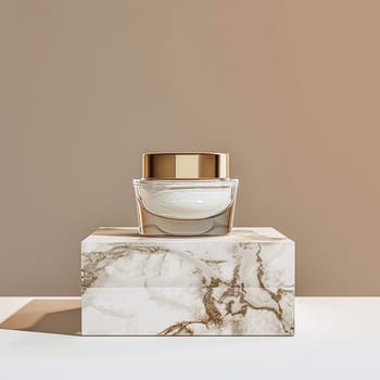 Face cream in a glass jar on a white and gold background. Skin care concept. Backdrop for beauty cosmetic products