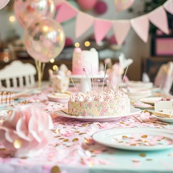 Birthday table decoration with sweets, flowers, candles and pink balloons. Selective focus