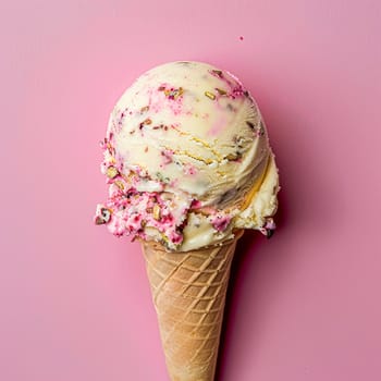 Scoops of ice cream in a waffle cone on a colorful background