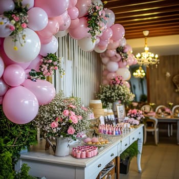 Birthday table decoration with sweets, flowers, candles and pink balloons. Selective focus