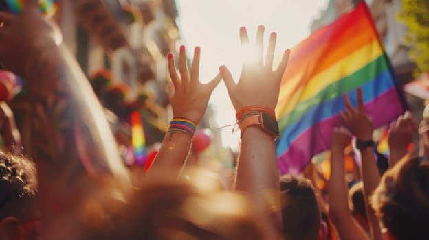 Diverse group of people enjoying gay pride day festival outdoors.