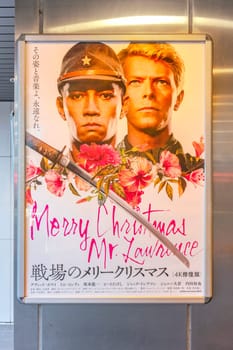 tokyo, ginza - may 17 2024: Japanese poster for the 4K restored version of Nagisa Oshima's movie Merry Christmas Mr. Lawrence released in 1983 featuring actors Ryuichi Sakamoto and David Bowie.