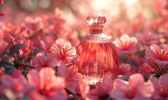 Elegant perfume bottle among flowers in retro style. Selective focus.