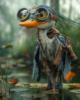 3D cartoon, a heron wearing big glasses walks through a swamp. Selective focus