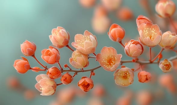 Branch with flowers on a blue background. Selective focus.