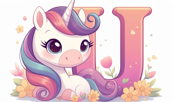 Illustration of a unicorn and the letter "U", learning the alphabet. Selective focus.