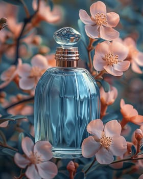 Elegant perfume bottle among flowers in retro style. Selective focus.