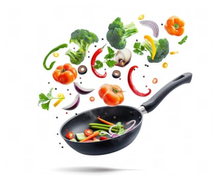 Flying vegetables in frying pan on white background for culinary art and healthy cooking concept