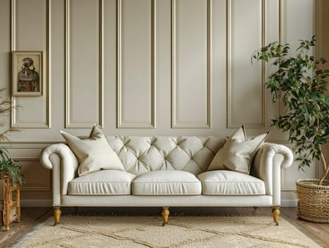 Stylish living room in beige tones with a sofa.