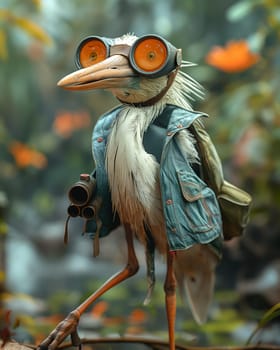 3D cartoon, a heron wearing big glasses walks through a swamp. Selective focus