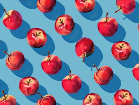Pattern of red apples on blue background with shadows, fruit still life composition for food and kitchen concept