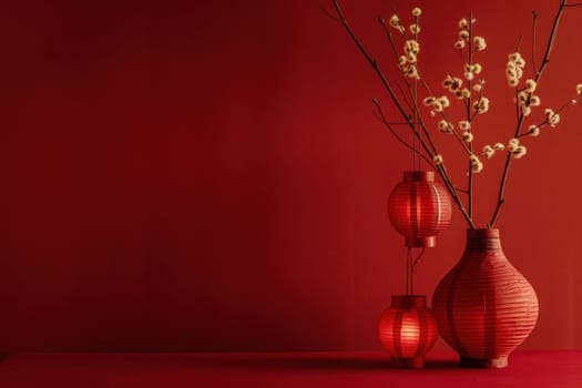 Elegant decor with red vases and paper lanterns on red table in front of wall classic beauty and art concept