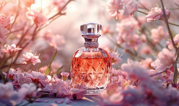 Elegant perfume bottle among flowers in retro style. Selective focus.