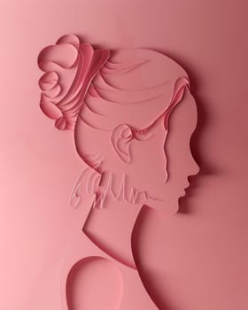 Portrait of a woman with a bun haircut paper cut on pink background for beauty and fashion concept