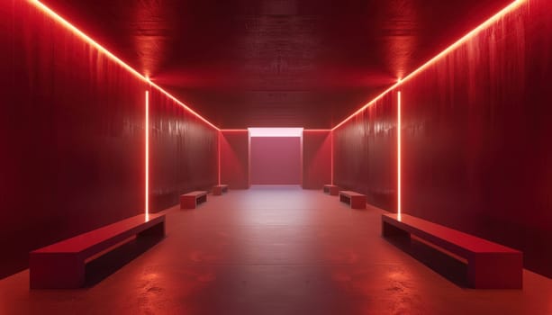 Mysterious redlit hallway leading to door with benches in middle travel and excitement await