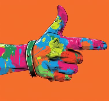 Paintsplattered hand giving thumbsup gesture expressing artistic approval for creative project concept or design idea