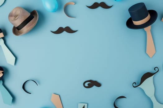 Hats, mustaches, and bowtie on blue background fun fashion accessories for a stylish trip