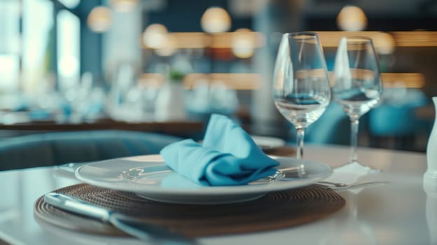 Elegant dining setting with wine glasses and napkin on table in restaurant for romantic evening dining experience