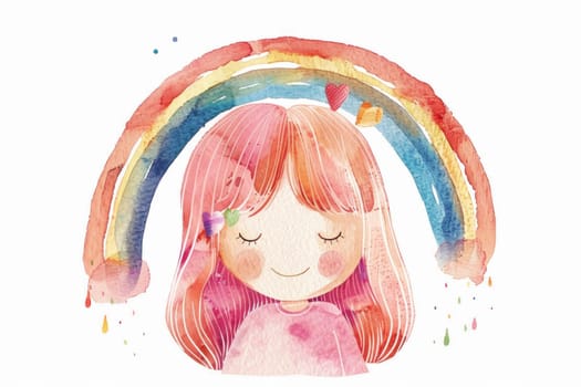 Whimsical watercolor illustration of a girl with pink hair surrounded by rainbows, hearts, and beauty