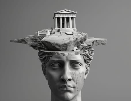 Statue of woman resting on rock with temple in background, symbolizing beauty and serenity in travelandscape