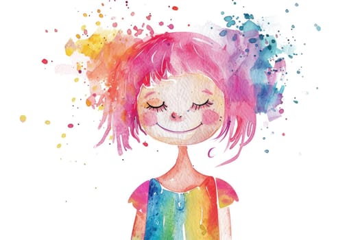 Beauty portrait of a creative colorful girl in watercolor with pink and rainbow hair for fashion and art concepts