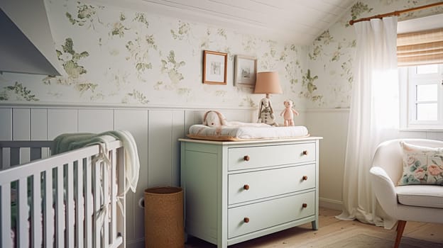 Baby room decor and interior design inspiration in beautiful English countryside style cottage