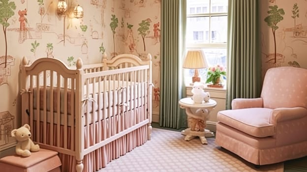 Nursery decor, pastel interior design and children home decor, baby room crib bed and country furniture, English countryside house style interiors