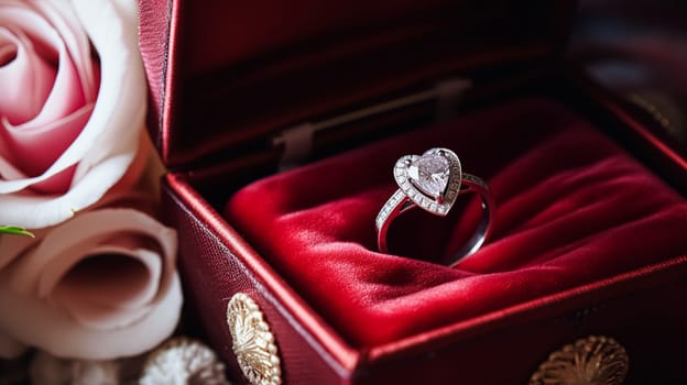 Jewellery, proposal and holiday gift, vintage diamond engagement ring in red velvet box, symbol of love, romance and commitment inspiration