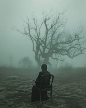 Solitude in the misty field person sitting on chair in front of tree in nature travel scene