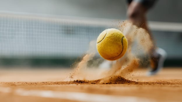 A tennis ball kicks up a cloud of clay dust at the moment of impact during a dynamic match, with a players foot in motion barely visible - Generative AI