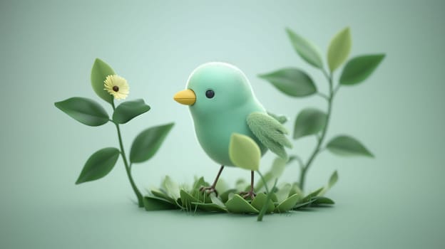 A stylized blue bird stands among vibrant green foliage and beside a blooming yellow flower, evoking a serene springtime feel - Generative AI