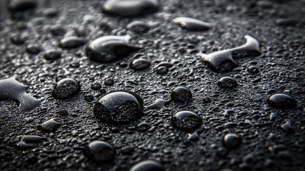 An assortment of water droplets of varying sizes glistening on an opaque, dark texture, captured in a low-light setting that enhances the droplets luminosity - Generative AI