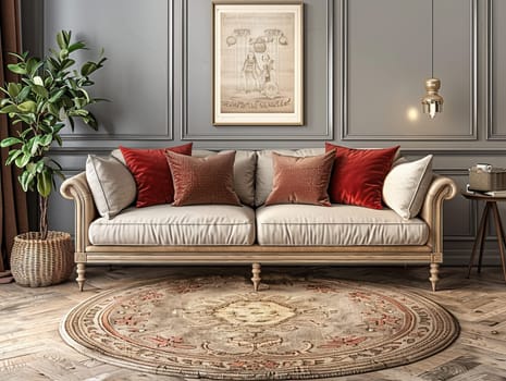 Stylish living room in gray and beige tones with a sofa.