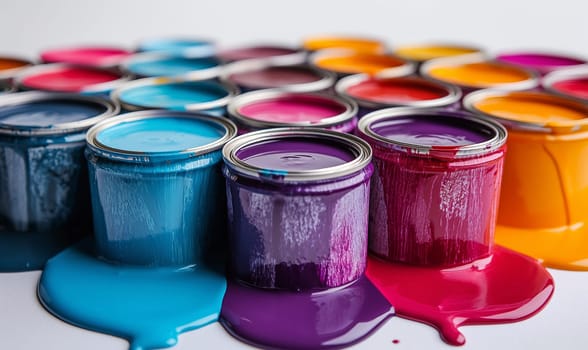 Cans of paint on a white background. Selective focus.