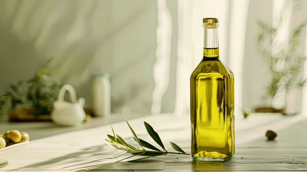 Olive oil bottle ad background with copyspace, vegetable oil commercial produce, food industry and retail concept