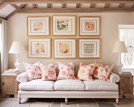 Living room gallery wall, home decor and wall art, framed art in the English country cottage interior, room for diy printable artwork mockup and print shop idea