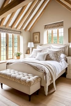 Cottage style bedroom decor, interior design and home decor, bed with elegant bedding and bespoke furniture, English country house or holiday rental interiors