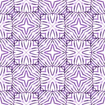 Textile ready marvelous print, swimwear fabric, wallpaper, wrapping. Purple uncommon boho chic summer design. Green geometric chevron watercolor border. Chevron watercolor pattern.